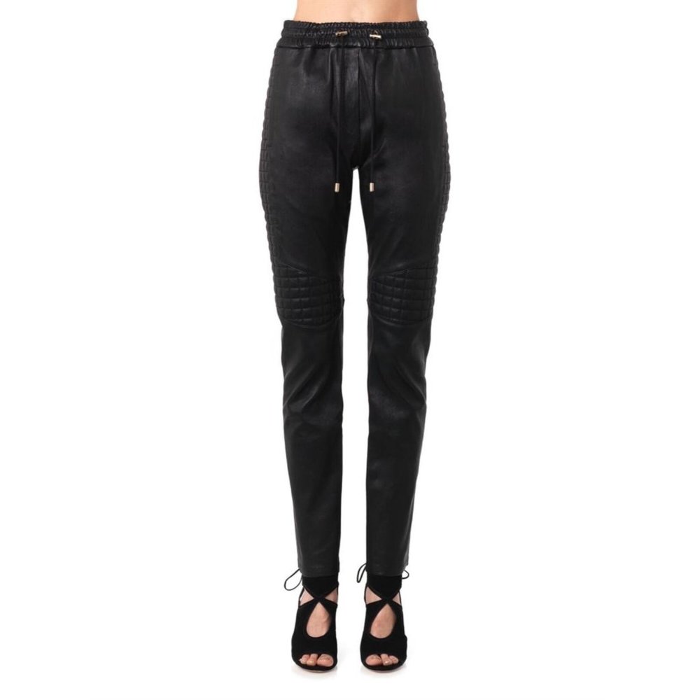Balmain Paris Black Quilted Leather Pants Joggers
